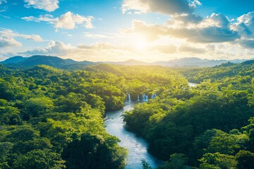 Wide aerial shot of a forest river with waterfalls, tropical foliage and bright sunlight, midday, lush greens and vibrant colors 2