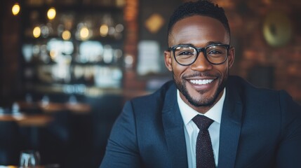 A professional-looking man in a suit and glasses smiles warmly in a modern, upscale restaurant setting with blurred background lighting and decor elements.