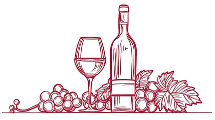 Wall Mural - A wine bottle and glass surrounded by grapes and leaves, illustrating a classic wine theme.