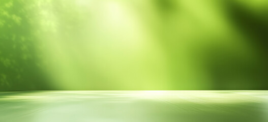 Wall Mural - Abstract green blurred background, studio wall with empty table, vector style. Natural lighting, smooth gradient, large space for product display or text. Clean and modern design.