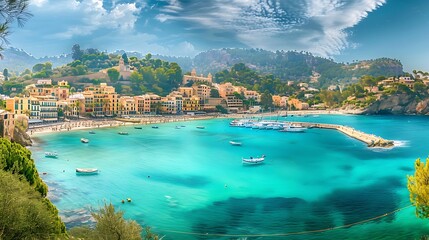 Canvas Print - A picturesque coastal view featuring colorful buildings, boats, and clear turquoise waters.