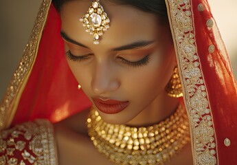  an Indian woman wearing a red sari and gold jewelry