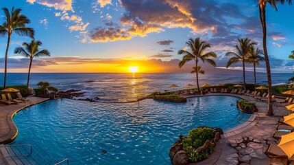 Canvas Print - A serene sunset view over a tranquil pool and ocean, surrounded by palm trees.