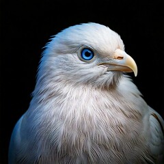 Wall Mural - Portrait photo of an albino white eagle with blue eyes on black background