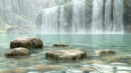 Wall Mural - A serene waterfall cascading into a tranquil pool surrounded by rocks and mist.