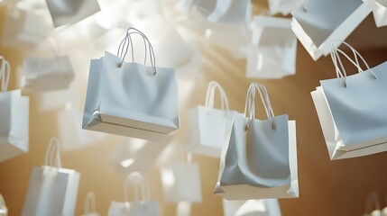 white shopping bag on beige background. Promotional image showcasing a shopping advertising. Endless online and offline shopping. White shopping bag 3d render mockup for your brand on the white backgr