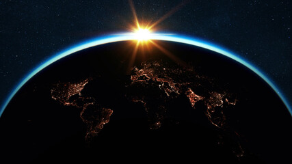 Wall Mural - amazing night planet earth with all continents in the starry sky with dawn rays of the sun. light of