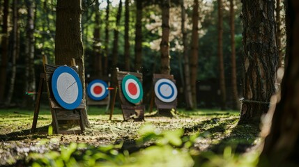 Poster - A serene archery range in a secluded woodland setting, Targets set against a backdrop of tall trees, Rustic outdoor style