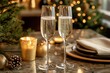 © Maelgoa - Two flutes of sparkling champagne on marble table, glittering decor, low warm light, close-up on delicate bubbles, elegance 6