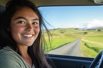 Medium-close of a young woman with dark hair smiling, driving a car down a scenic road through the countryside, lush green fields and rolling hills under a clear blue sky 2