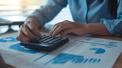 Poster - A person calculating financial data using a calculator, surrounded by charts and reports on a desk.