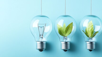 Wall Mural - three light bulbs with green leaves inside against a blue background, symbolizing eco-friendly innov