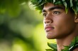 © Maelgoa - Close-up view of a young male Hawaiian hula dancer, wearing a traditional malo, serious expression, lush green background, soft midday light 1