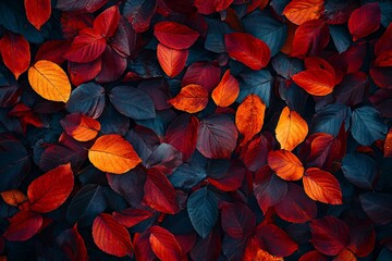 Wall Mural - Close-up view of colorful autumn leaves dancing in the wind, intense hues of red and orange with hints of yellow, under the soft glow of sunrise in the woods 4