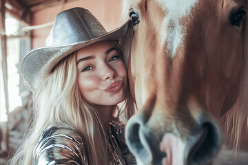 Wall Mural - Smiling young woman in cowboy hat posing with horse in rustic stable setting