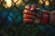 © Gatherina - Fighter hand gripping metal mesh with red gloves at sunset