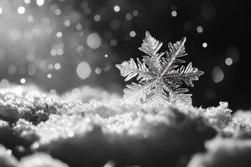 Wall Mural - Beautiful snowflake standing on snow with black background and bokeh effect