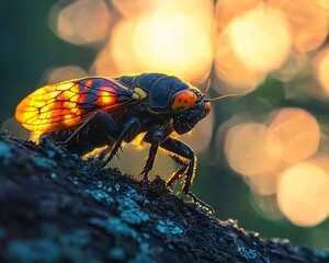 Wall Mural - Vibrant Cicada Emerging from Shell in Glowing Twilight Closeup