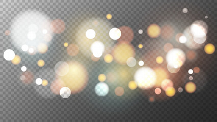 Aufkleber - Bright bokeh lights. Blurred overlay template. Abstract blur light effect. Transparent background. Vector illustration.
