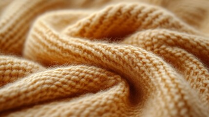 Poster - The warm golden fabric shows intricate knitted patterns with gentle, cascading folds. The soft texture invites touch, showcasing craftsmanship and comfort.