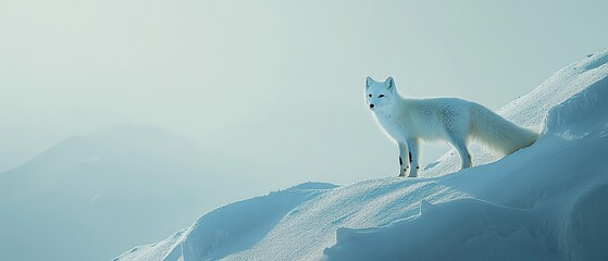  A solitary arctic fox stands on a snowy hillside amidst a gentle snowfall in winter