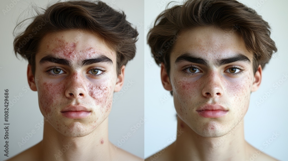 A picture showing a young man with acne before and after treatment. The ...