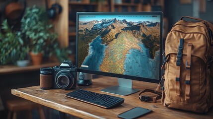 Adventure travel website monitor mockup with hiking gear and maps in the foreground mountain background. Generative AI