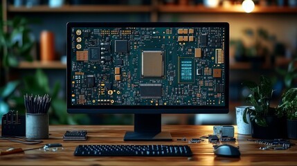 Electronics Workspace with Circuit Board Display. Generative AI