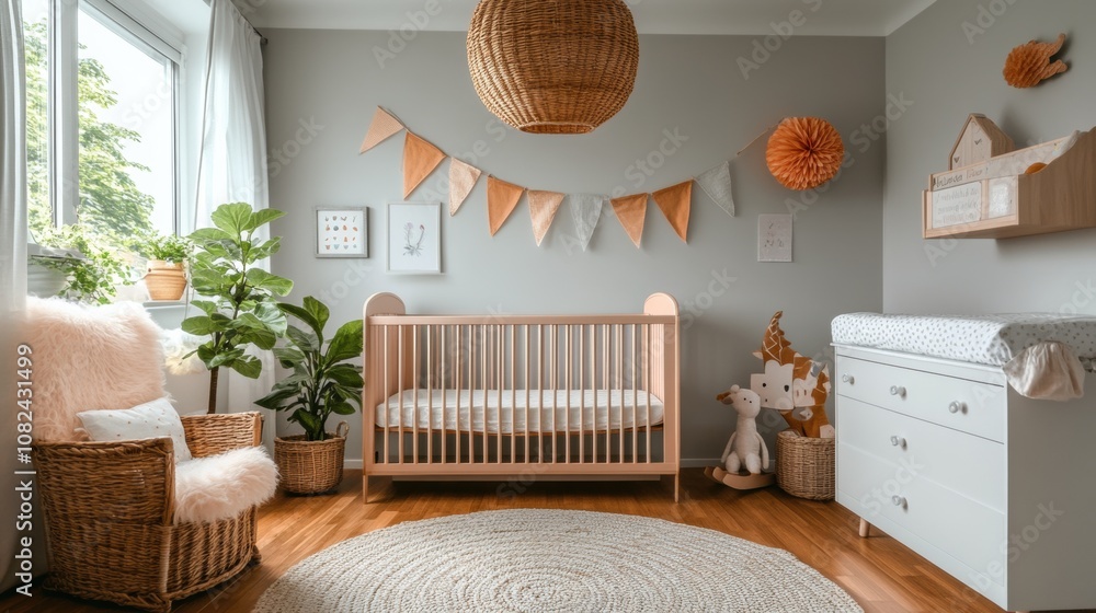 Cozy and Stylish Nursery Interior with Modern Crib, Soft Textiles, and ...