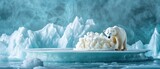 A polar bear forages on a floating ice platform surrounded by stunning glaciers in a tranquil Arctic landscape at dawn