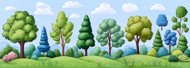 Canvas Print - An illustration of a forest path with grass, green trees, bushes and a dazzling sun on a sunny day. Beautiful nature landscape. Background for a travel game.