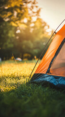 sunset scene at the campsite with an orange tent providing a cozy retreat in the midst of nature's b