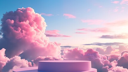 Canvas Print - A serene sky filled with fluffy pink clouds and a circular platform, evoking a dreamlike atmosphere.