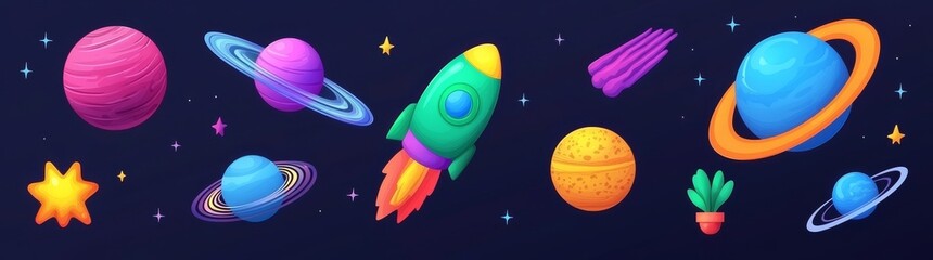 Wall Mural - modern cartoon illustration of a beautiful blue cosmic galaxy and comets with neon light tails flyin