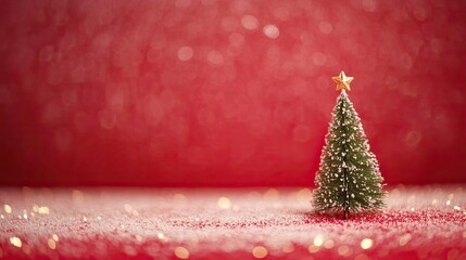 a miniature christmas tree with a star on snow, set against a red background with bokeh lights, idea