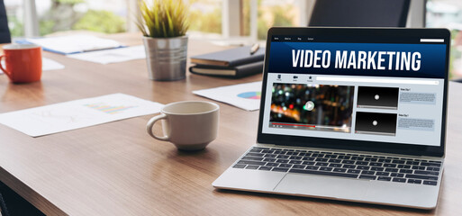 Video Marketing Concept on Laptop Screen. Video Marketing Advertising Business on Social Media and Internet Network Technology Concept