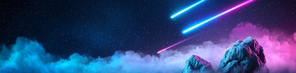 Wall Mural - detailed illustration of comets, meteors, asteroids falling down, shimmering and sparkling against a