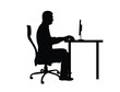© Eugen - Silhouette of a Man Sitting and Working on Computer in Office. Work and professional occupation in business or IT sphere