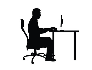 Silhouette of a Man Sitting and Working on Computer in Office. Work and professional occupation in business or IT sphere