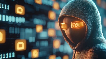 A hooded figure stands against a digital backdrop, featuring glowing binary codes and futuristic elements, evoking themes of hacking and cyber technology.