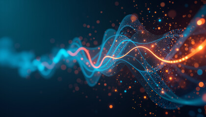 Wall Mural - digital energy and data flow are illustrated with a wave-like pattern of glowing blue and orange lin