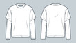 © Liubov Hladka - Layered Sleeve Shirt fashion flat tehnical drawing template. T-Shirt technical fashion illustration, round neck, long sleeve, front and back view, white, women, men, unusex Top CAD mockup.