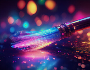 Aufkleber - A paintbrush with a glowing, colorful, fiber optic bristle, resting on a dark surface with out-of-focus lights in the background.