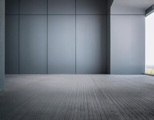 Poster - A large empty room with gray walls, a gray floor, and a large window at the end.
