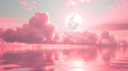 Canvas Print - A serene landscape featuring a pink-hued sky, fluffy clouds, and a bright moon reflecting on calm waters.