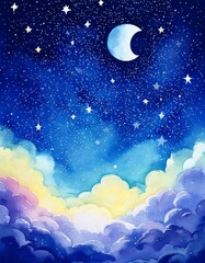 Wall Mural - watercolor painting of a night sky with clouds,stars , and the moon with empty copy space in the middle