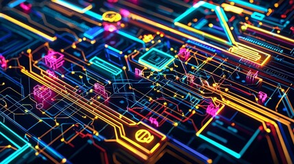Abstract digital circuit board with glowing lines and nodes.