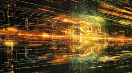 Abstract digital background with glowing lines and circuits in orange and yellow tones.