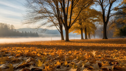 Wall Mural - A serene autumn landscape with warm, golden light casting long shadows across a rustling carpet of fallen leaves, with trees standing tall, their branches etched against a soft, blue-grey sky 