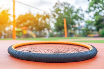 Close-up of a round, orange and black net on a red surface in a park.